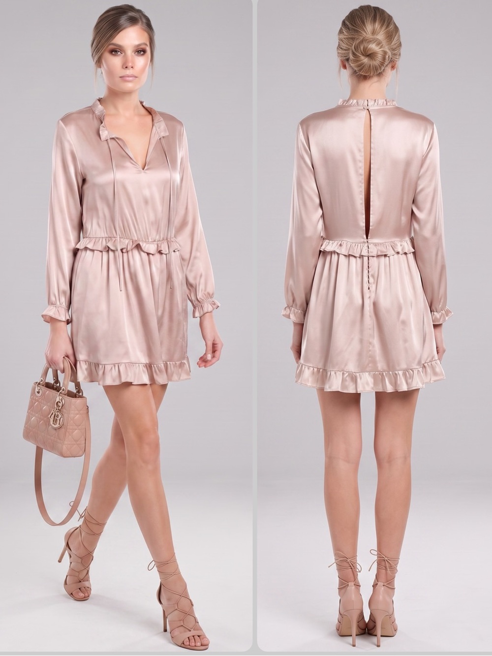 Anine Bing Elana SILK Nude V-Neck Ruffle Hem Mini Dress $398
